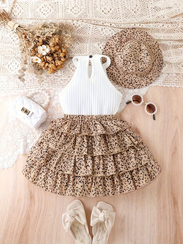 [Vintage Leopard Set] 3pcs Vintage Leopard Print Outfit Set | Girls' Sleeveless Cotton Blend Bandeau Top, Tiered Skirt, and Matching Hat - Casual Summer Wear for Kids with Frill Details - Image 4