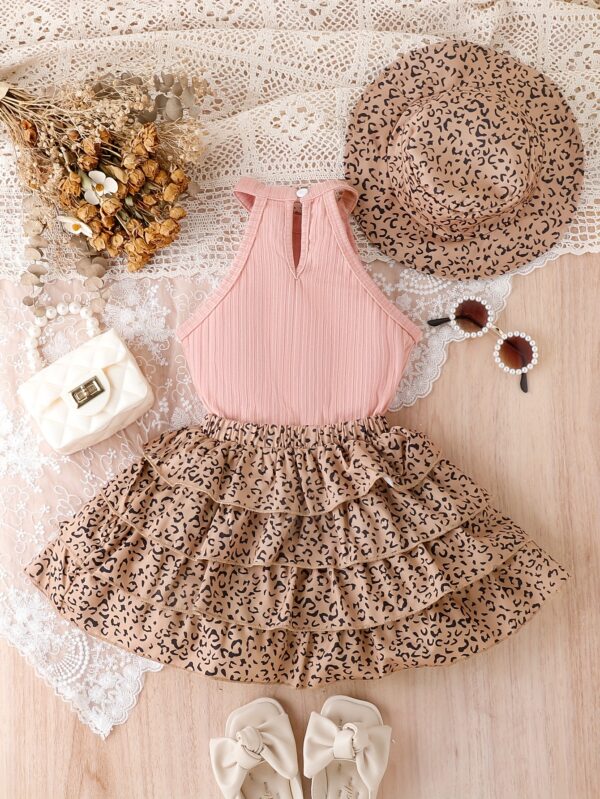 [Vintage Leopard Set] 3pcs Vintage Leopard Print Outfit Set | Girls' Sleeveless Cotton Blend Bandeau Top, Tiered Skirt, and Matching Hat - Casual Summer Wear for Kids with Frill Details - Image 5