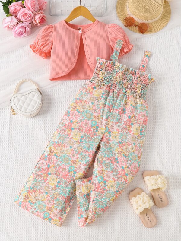 Bohemian style summer floral print pleated suspender jumpsuit for girls, outdoor wear for Youngsters, Perfect for Outdoor