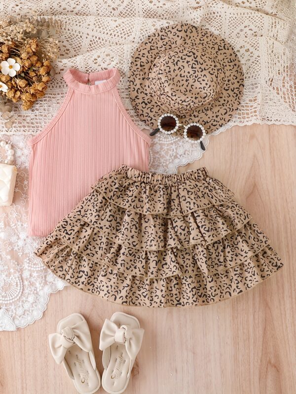 [Vintage Leopard Set] 3pcs Vintage Leopard Print Outfit Set | Girls' Sleeveless Cotton Blend Bandeau Top, Tiered Skirt, and Matching Hat - Casual Summer Wear for Kids with Frill Details - Image 8