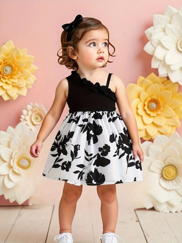Girls' Off-Shoulder Floral Print Dress - Sleeveless, Polyester Blend, Perfect for Summer Vacations, Machine Washable, Clothes for Girls - Image 2