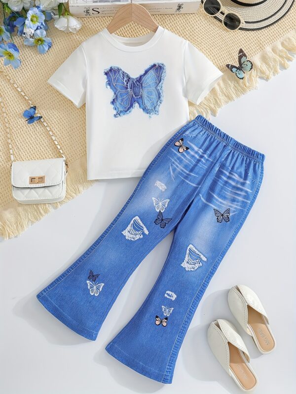 2pcs Little Girl Short Sleeve Butterfly Top and Slightly Flared Imitation Denim Print Pants Set, Perfect for Outdoor