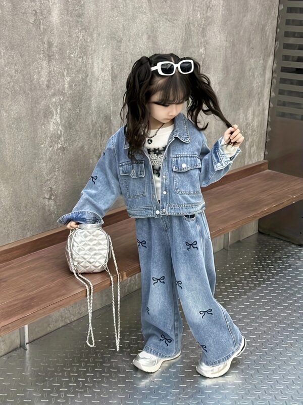 Girls' Bow Denim Set Spring/Summer New Trendy Fashion, Perfect for Outdoor - Image 3