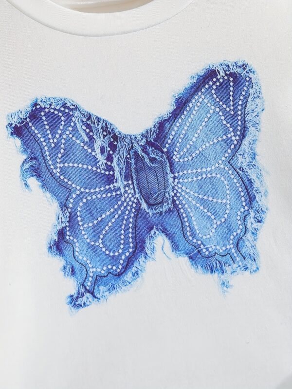 2pcs Little Girl Short Sleeve Butterfly Top and Slightly Flared Imitation Denim Print Pants Set, Perfect for Outdoor - Image 3