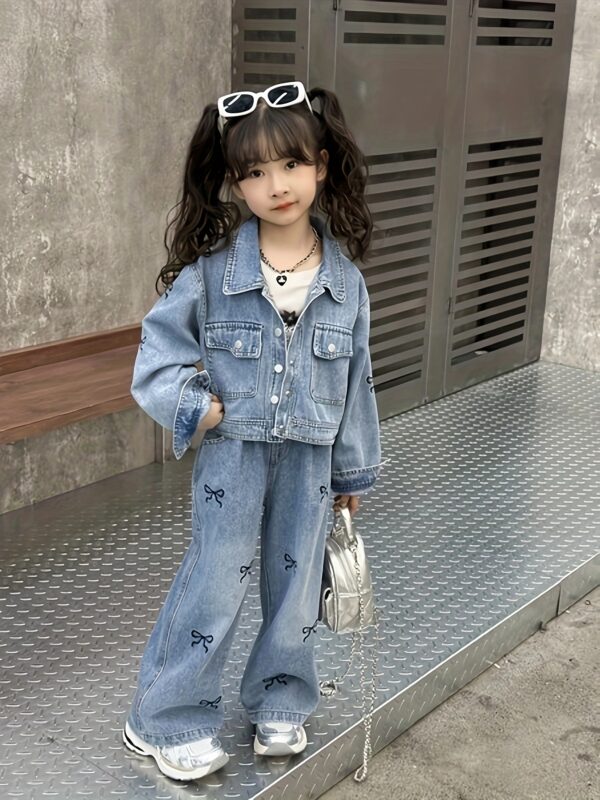 Girls' Bow Denim Set Spring/Summer New Trendy Fashion, Perfect for Outdoor