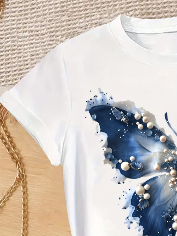 1pc Girls' Butterfly Print Short Sleeve T-Shirt - Casual Round Neck Top with Vibrant Blue Butterfly & White Floral Design, Soft Breathable Knit Fabric for Spring Summer Fall, Easy Care Hand Wash or Dry Clean, Seasonal Youngsters' Apparel, Fashioned Youth Apparel - Image 4