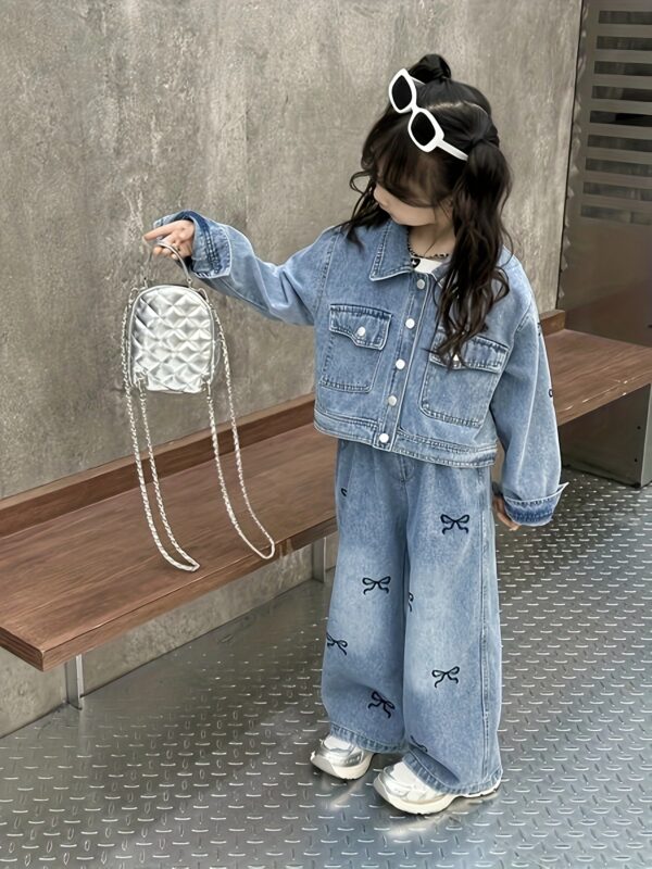 Girls' Bow Denim Set Spring/Summer New Trendy Fashion, Perfect for Outdoor - Image 4