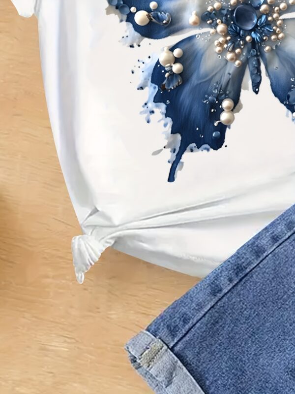 1pc Girls' Butterfly Print Short Sleeve T-Shirt - Casual Round Neck Top with Vibrant Blue Butterfly & White Floral Design, Soft Breathable Knit Fabric for Spring Summer Fall, Easy Care Hand Wash or Dry Clean, Seasonal Youngsters' Apparel, Fashioned Youth Apparel - Image 5