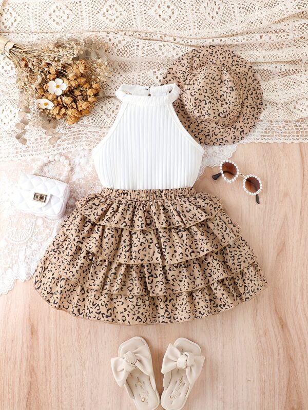 [Vintage Leopard Set] 3pcs Vintage Leopard Print Outfit Set | Girls' Sleeveless Cotton Blend Bandeau Top, Tiered Skirt, and Matching Hat - Casual Summer Wear for Kids with Frill Details