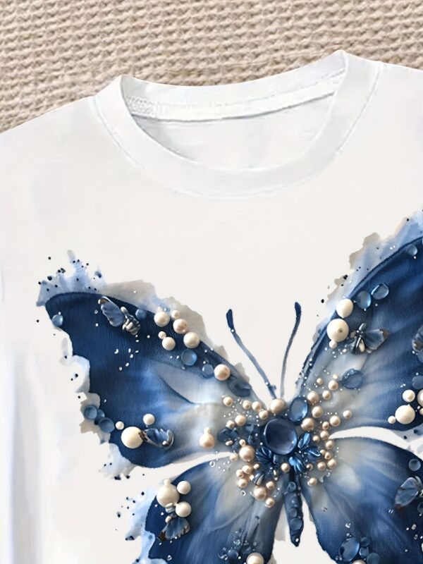1pc Girls' Butterfly Print Short Sleeve T-Shirt - Casual Round Neck Top with Vibrant Blue Butterfly & White Floral Design, Soft Breathable Knit Fabric for Spring Summer Fall, Easy Care Hand Wash or Dry Clean, Seasonal Youngsters' Apparel, Fashioned Youth Apparel - Image 3