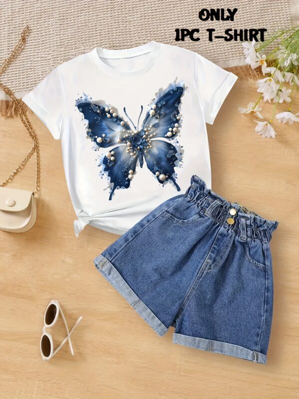 1pc Girls' Butterfly Print Short Sleeve T-Shirt - Casual Round Neck Top with Vibrant Blue Butterfly & White Floral Design, Soft Breathable Knit Fabric for Spring Summer Fall, Easy Care Hand Wash or Dry Clean, Seasonal Youngsters' Apparel, Fashioned Youth Apparel