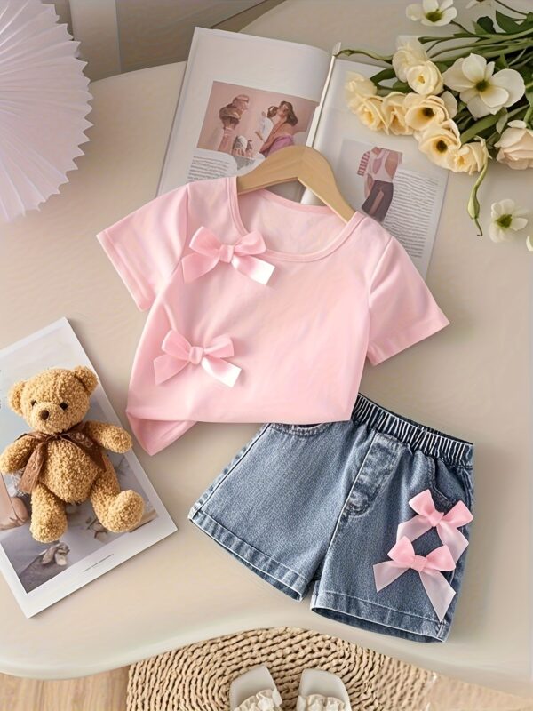 2pcs Girls' Denim Set, Stylish Bowknot, Cute Y2K Jeans + Bowtie T-Shirt, Snowflake Washed Denim - Loose Fit with Elastic Waistband, Soft Comfortable Fabric, Perfect for School, Festivals, and Casual Outings - Ideal Gift, Perfect for Outdoor