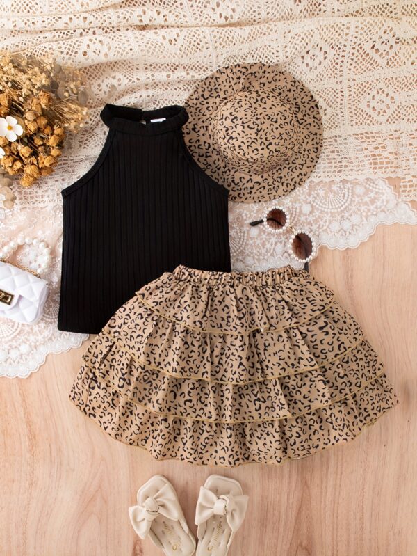 [Vintage Leopard Set] 3pcs Vintage Leopard Print Outfit Set | Girls' Sleeveless Cotton Blend Bandeau Top, Tiered Skirt, and Matching Hat - Casual Summer Wear for Kids with Frill Details - Image 9
