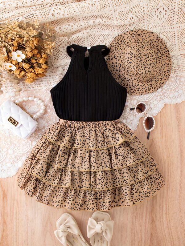 [Vintage Leopard Set] 3pcs Vintage Leopard Print Outfit Set | Girls' Sleeveless Cotton Blend Bandeau Top, Tiered Skirt, and Matching Hat - Casual Summer Wear for Kids with Frill Details - Image 6