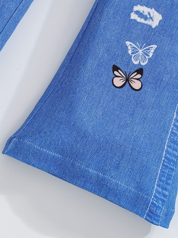 2pcs Little Girl Short Sleeve Butterfly Top and Slightly Flared Imitation Denim Print Pants Set, Perfect for Outdoor - Image 6