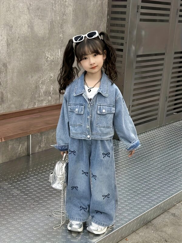 Girls' Bow Denim Set Spring/Summer New Trendy Fashion, Perfect for Outdoor - Image 2