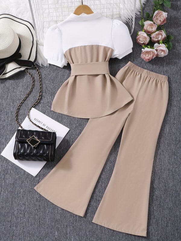 Big Youngsters Spring and Summer Lantern Short Sleeve Stitched Turnover Collar Top, Girls Simple Fashion Long Wide Leg Bell Bottoms 2pcs Set, Perfect for Outdoor - Image 5